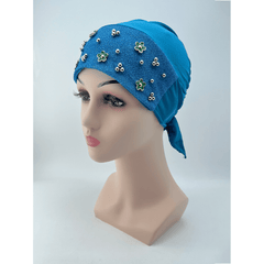 Flower Decor Glitter Turban Block Head Wraps Beanie Ramadan Hijab Hat