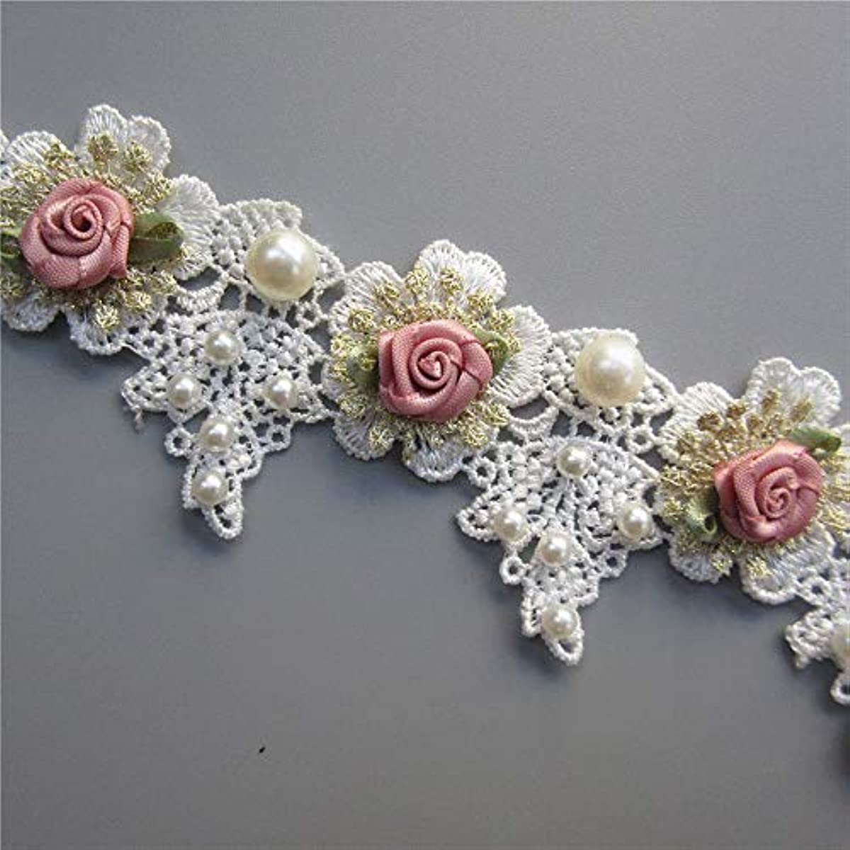 Vintage Faux Pearl Rose Flowers Embroidered Lace Trim Fabric