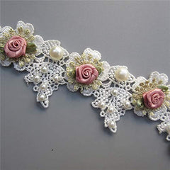 Vintage Faux Pearl Rose Flowers Embroidered Lace Trim Fabric