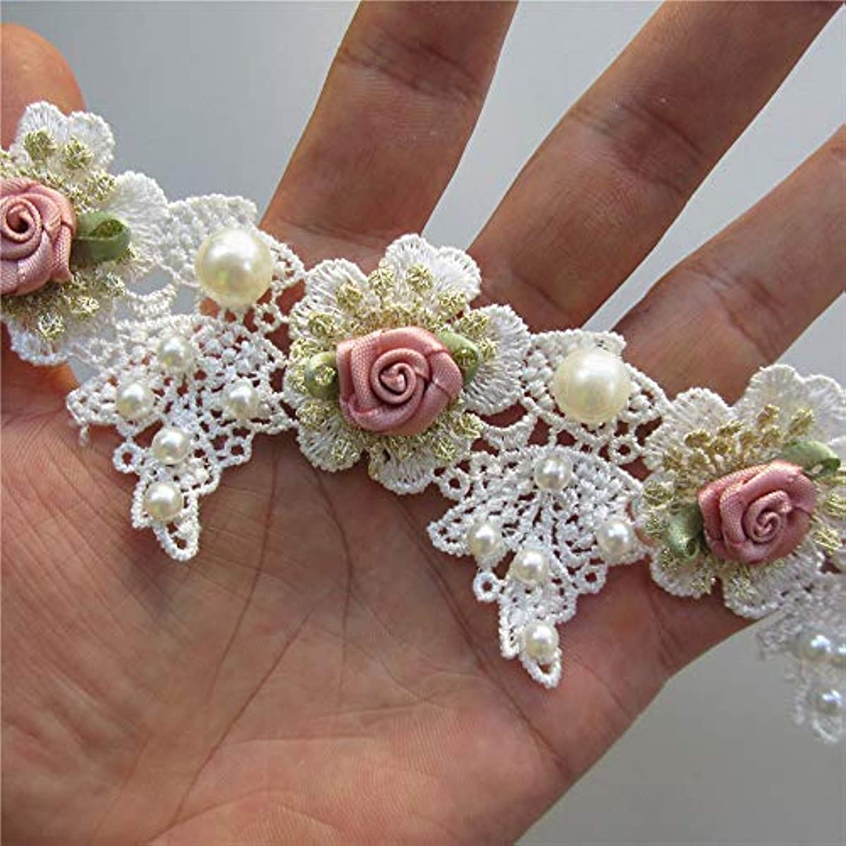 Vintage Faux Pearl Rose Flowers Embroidered Lace Trim Fabric