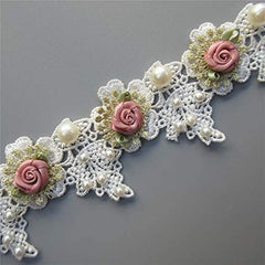 Vintage Faux Pearl Rose Flowers Embroidered Lace Trim Fabric
