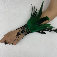 Faux Feather Lace Gloves Fingerless Gloves Crystal Decoration Wristband