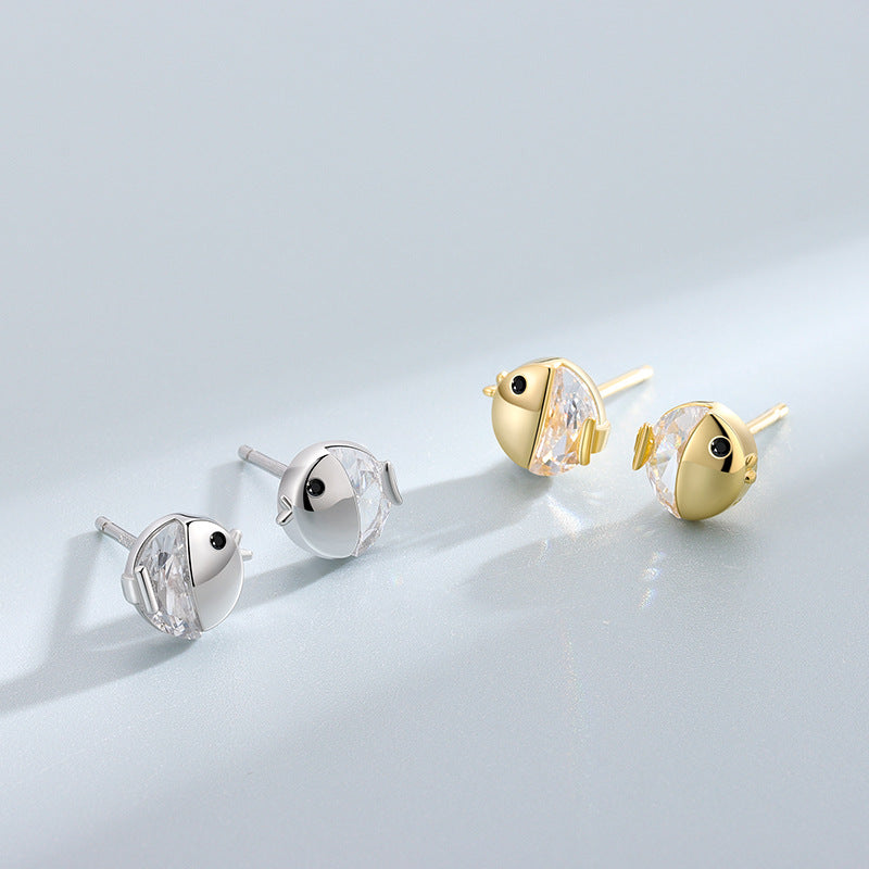 Rhinestone Fish 925 Sterling Silver Stud Earrings & Fashion Jewelry for Women
