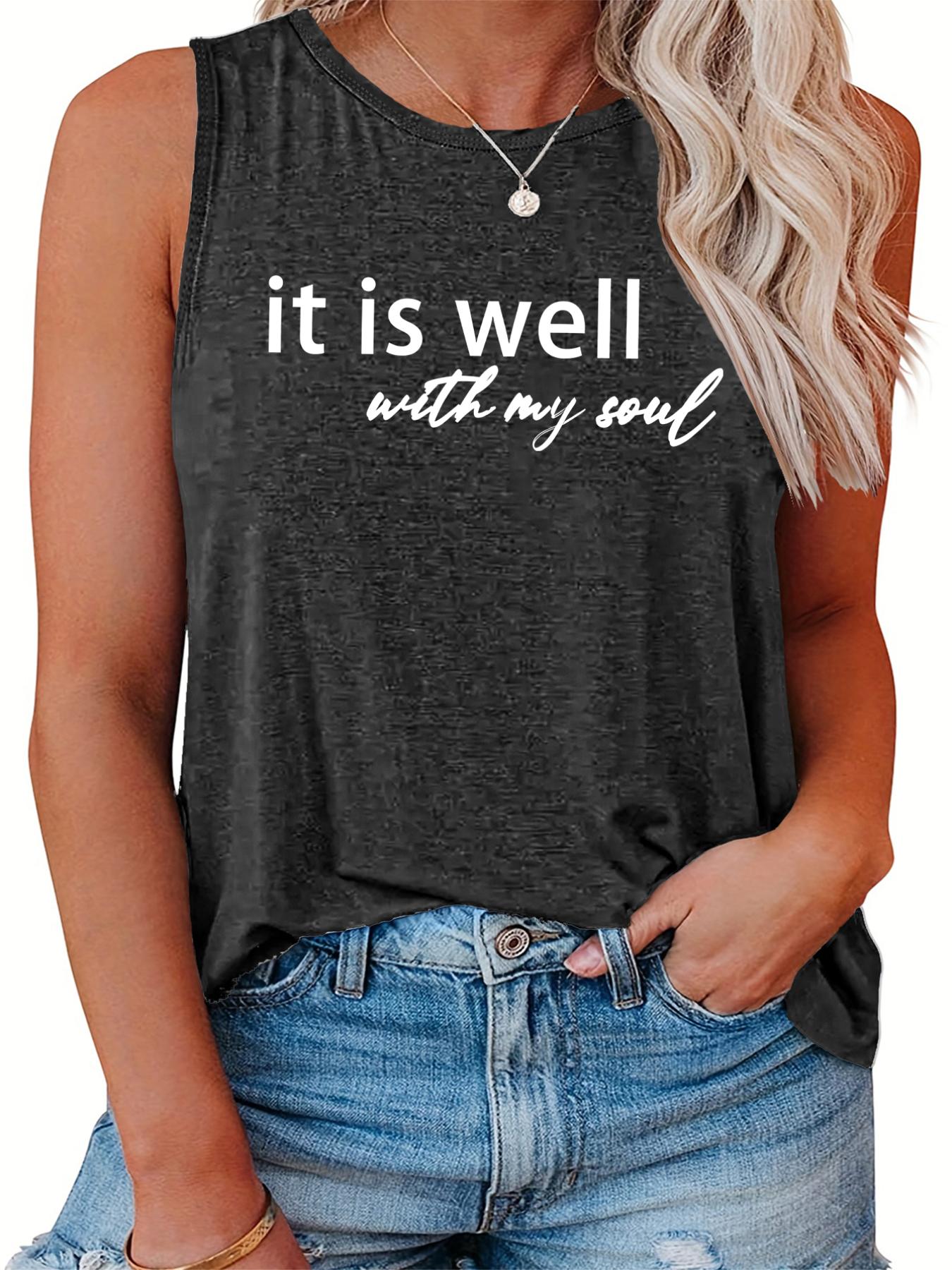 Women's Slogan Print Tank Top Round Neck Casual Sleeveless Shirt