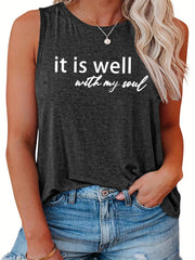 Women's Slogan Print Tank Top Round Neck Casual Sleeveless Shirt
