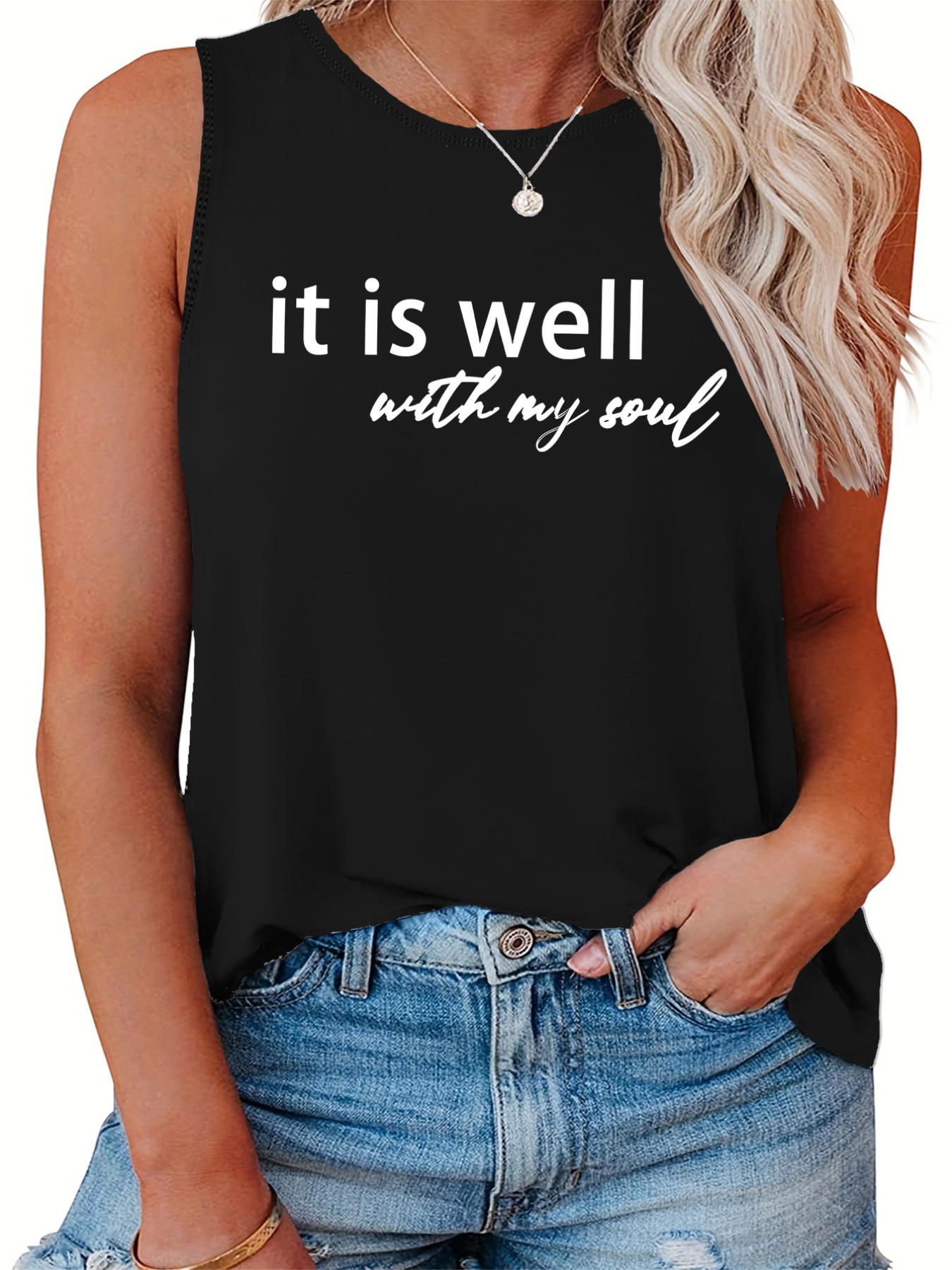 Women's Slogan Print Tank Top Round Neck Casual Sleeveless Shirt