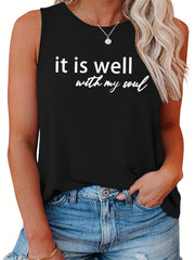 Women's Slogan Print Tank Top Round Neck Casual Sleeveless Shirt