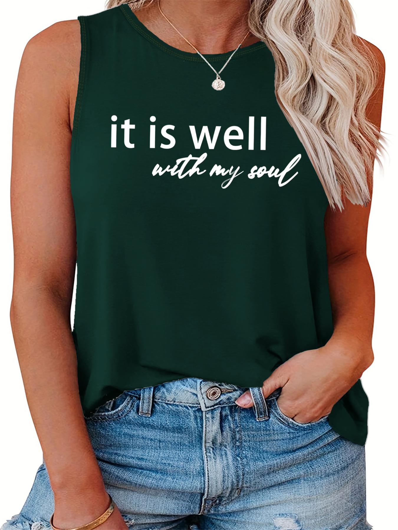 Women's Slogan Print Tank Top Round Neck Casual Sleeveless Shirt