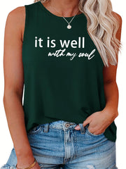 Women's Slogan Print Tank Top Round Neck Casual Sleeveless Shirt