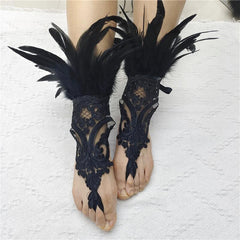Lace Feather Wrist Cuff Gothic Carnival Arm Sleeve Long Gloves
