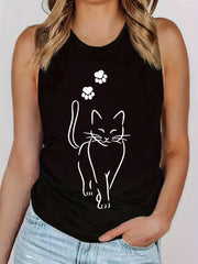 Cat Print Tank Top Sleeveless Casual Summer Top Women's Clothing