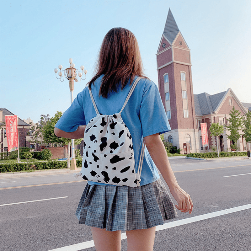 Stylish Cow Pattern Backpack All Match Drawstring Sports Rucksack