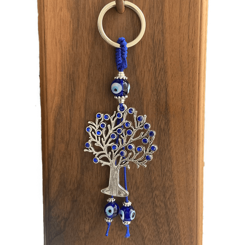 Evil Eye Tree Of Life Keychain with Rhinestones Good Luck Key Ring