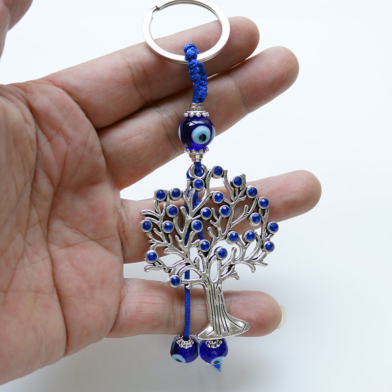 Evil Eye Tree Of Life Keychain with Rhinestones Good Luck Key Ring
