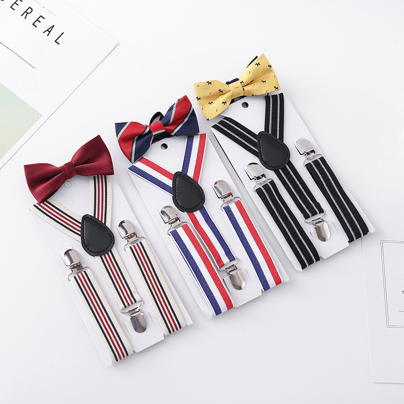 Kids Suspenders & Bow Tie Set - Y Back, Adjustable, Strong Clips