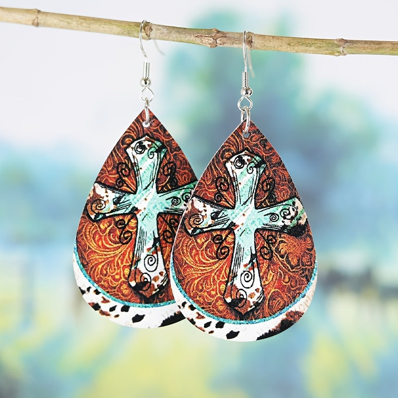 Vintage Cross Earrings Double Sided Leather