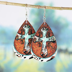 Vintage Cross Earrings Double Sided Leather