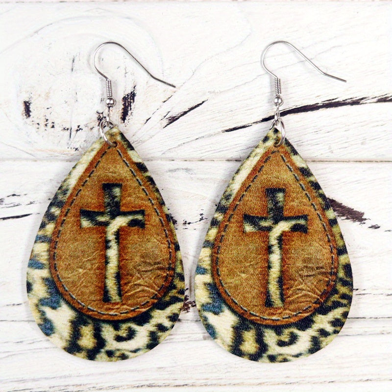 Vintage Cross Earrings Double Sided Leather