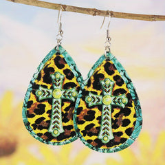 Vintage Cross Earrings Double Sided Leather