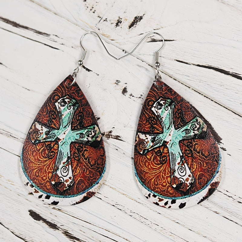 Vintage Cross Earrings Double Sided Leather