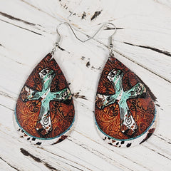 Vintage Cross Earrings Double Sided Leather