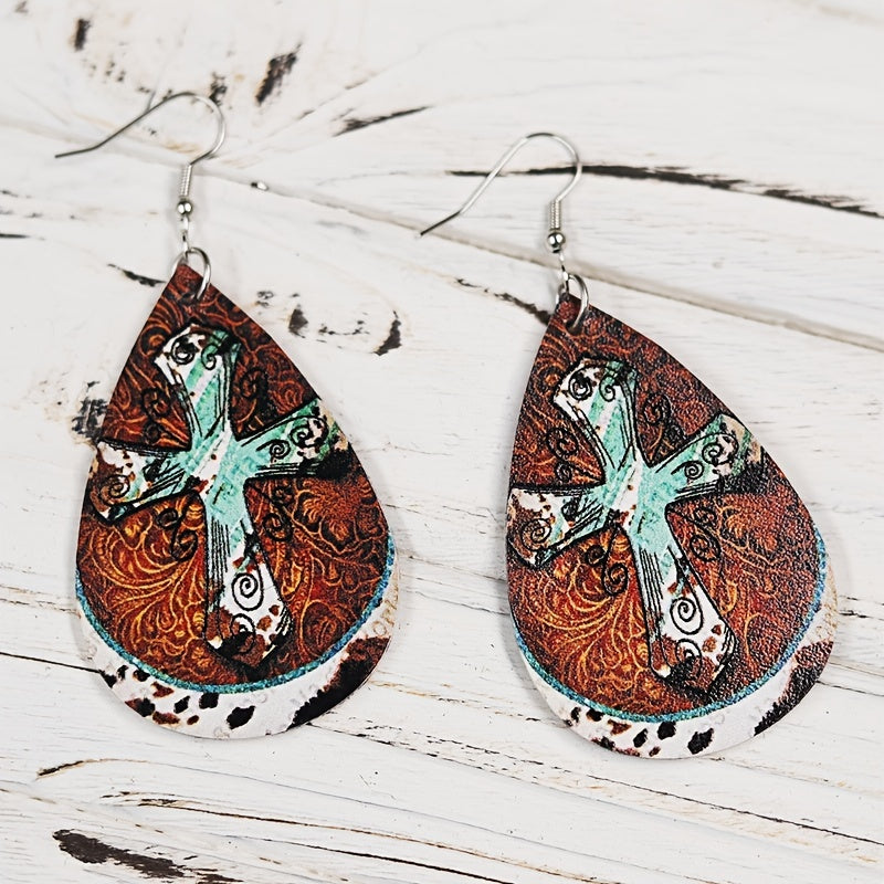 Vintage Cross Earrings Double Sided Leather