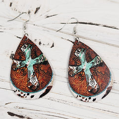 Vintage Cross Earrings Double Sided Leather