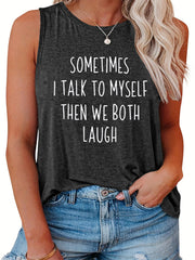 Casual Tank Top Women's Plus Slogan Print Round Neck Tank