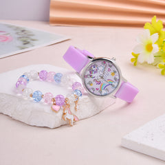 Cartoon Unicorn Student Quartz Watch Silicone Strap Girls Watch Set