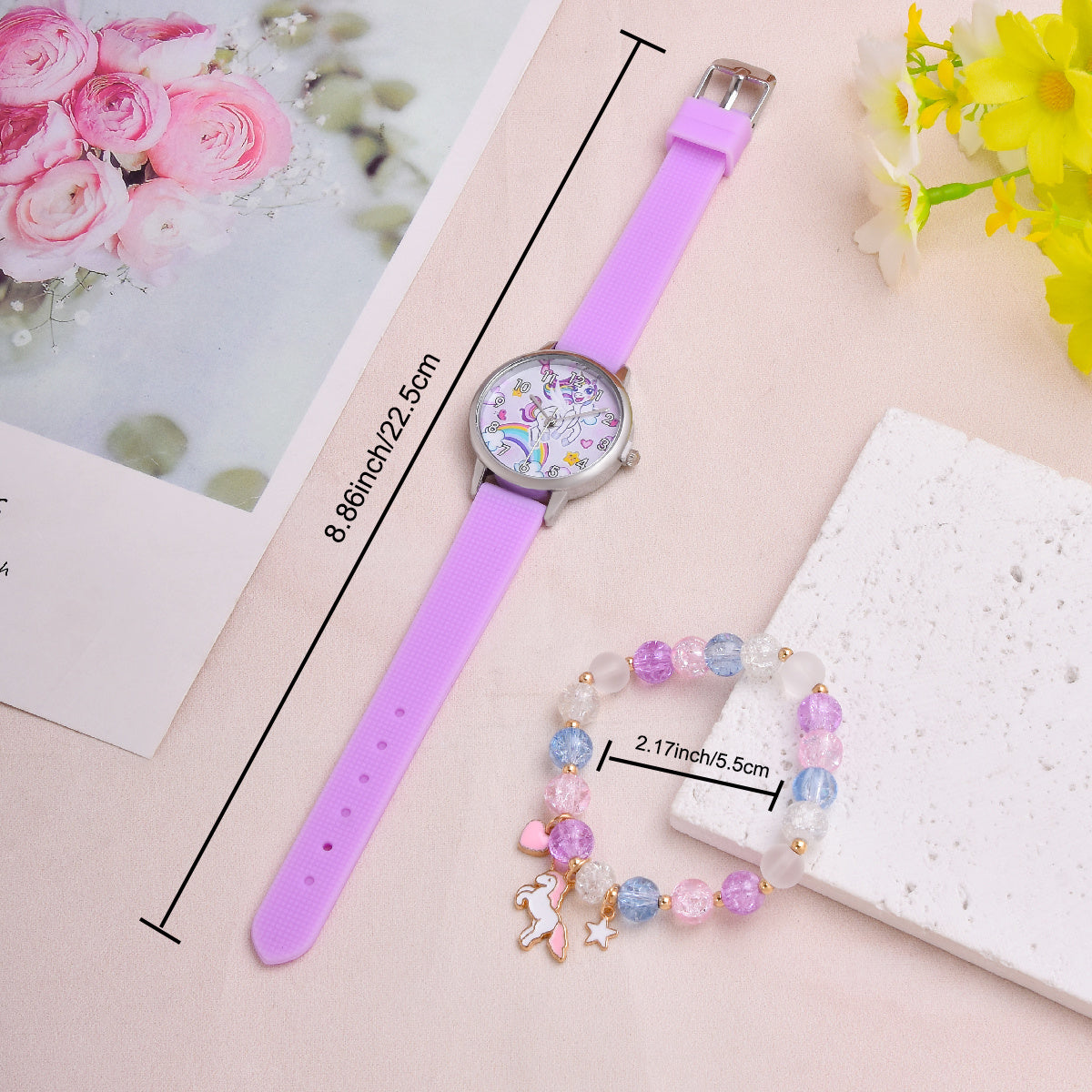 Cartoon Unicorn Student Quartz Watch Silicone Strap Girls Watch Set