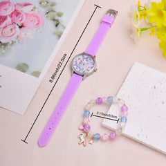Cartoon Unicorn Student Quartz Watch Silicone Strap Girls Watch Set
