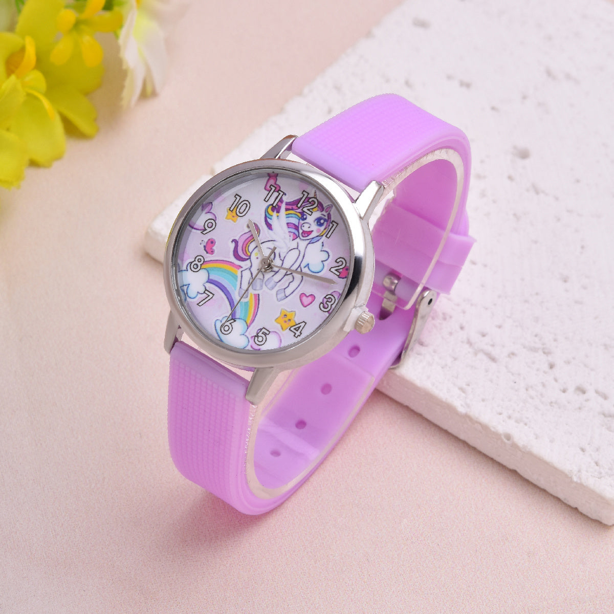 Cartoon Unicorn Student Quartz Watch Silicone Strap Girls Watch Set