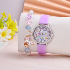 Cartoon Unicorn Student Quartz Watch Silicone Strap Girls Watch Set