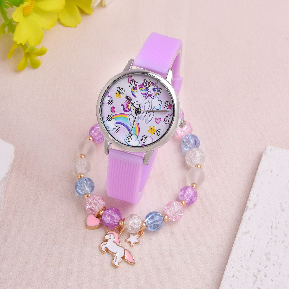 Cartoon Unicorn Student Quartz Watch Silicone Strap Girls Watch Set