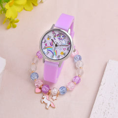 Cartoon Unicorn Student Quartz Watch Silicone Strap Girls Watch Set