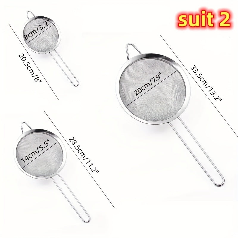 Stainless Steel Mesh Filter Set 3 Sizes Strong Handles & Hooks