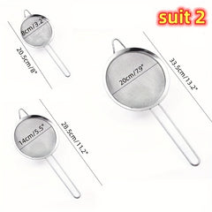 Stainless Steel Mesh Filter Set 3 Sizes Strong Handles & Hooks