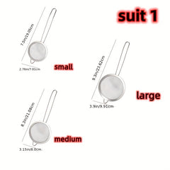 Stainless Steel Mesh Filter Set 3 Sizes Strong Handles & Hooks