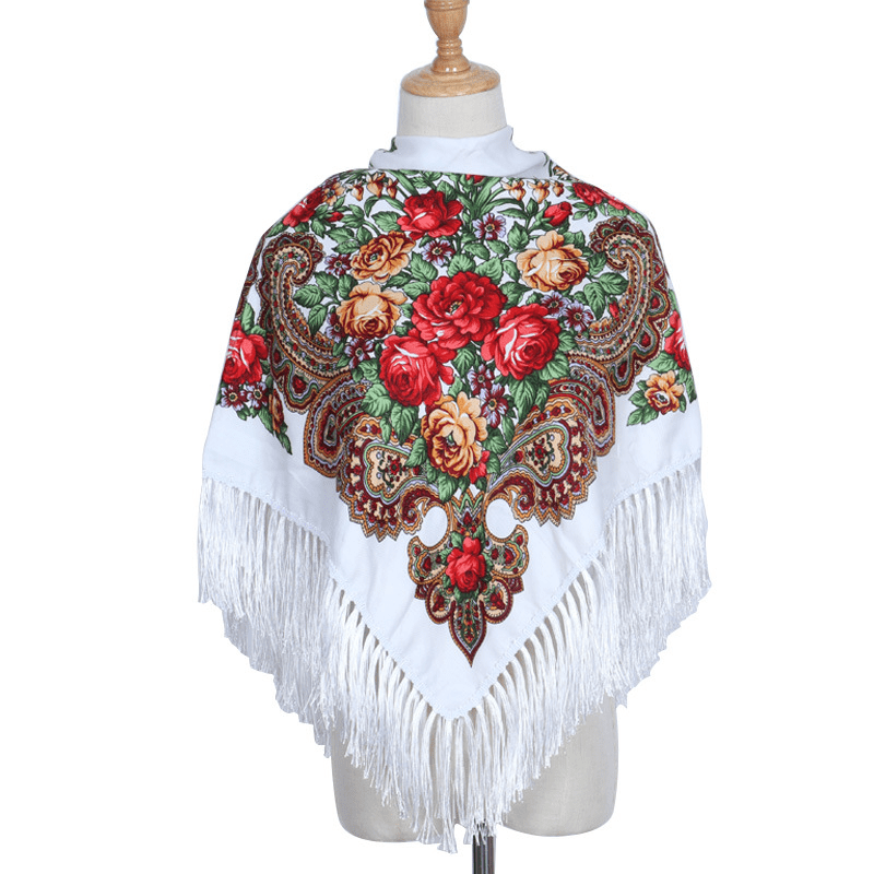 Flower Print Tassel Shawl Boho Square Scarf Vintage Wrap