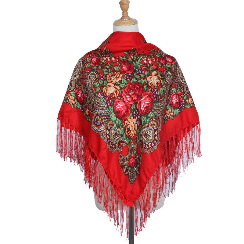 Flower Print Tassel Shawl Boho Square Scarf Vintage Wrap