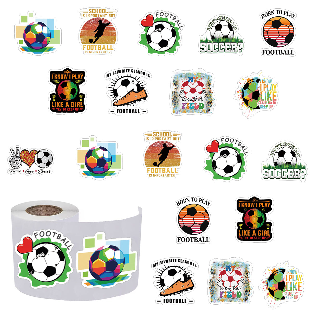 500pcs Football Stickers 2.54cm Labels 10 Patterns Pack Waterproof Vinyl Sticker