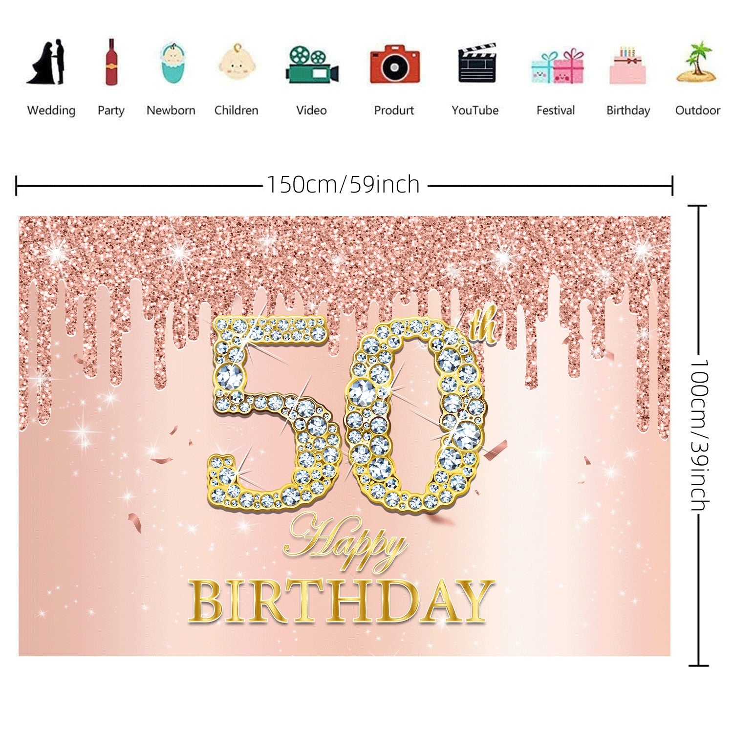 Sparkling Pink Rose Birthday Party Backdrop for Girls' 30th-70th Birthdays