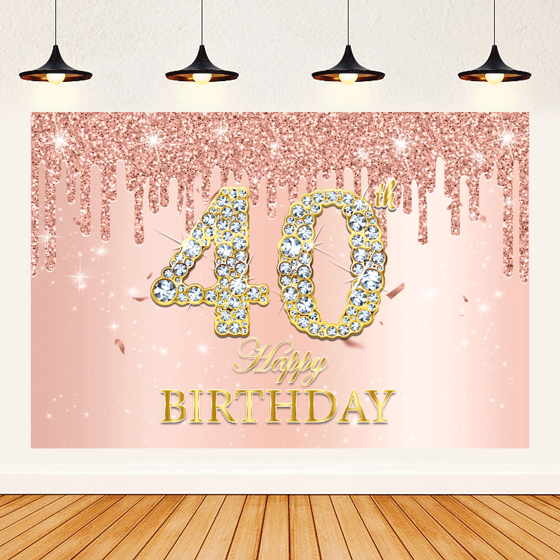 Sparkling Pink Rose Birthday Party Backdrop for Girls' 30th-70th Birthdays