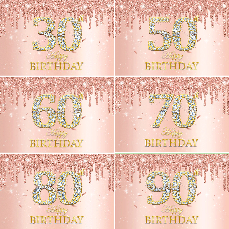 Sparkling Pink Rose Birthday Party Backdrop for Girls' 30th-70th Birthdays