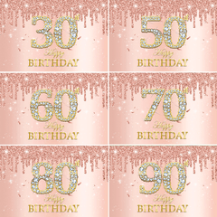 Sparkling Pink Rose Birthday Party Backdrop for Girls' 30th-70th Birthdays
