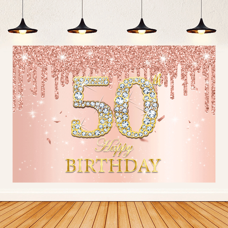 Sparkling Pink Rose Birthday Party Backdrop for Girls' 30th-70th Birthdays