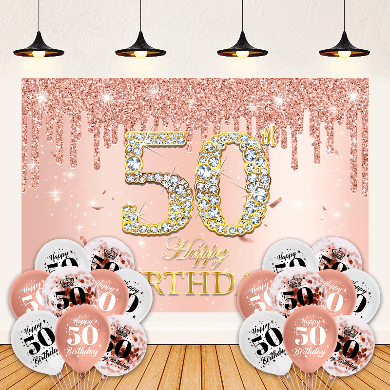 Sparkling Pink Rose Birthday Party Backdrop for Girls' 30th-70th Birthdays
