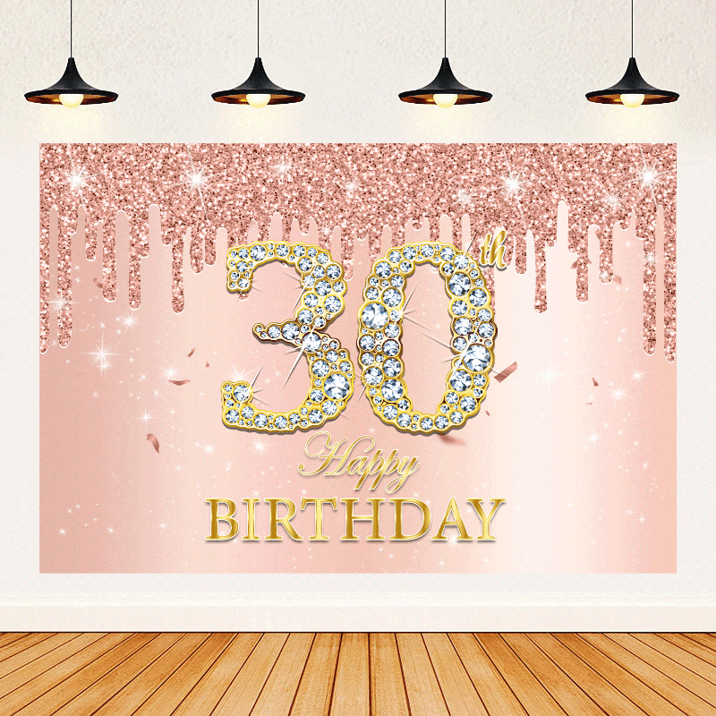 Sparkling Pink Rose Birthday Party Backdrop for Girls' 30th-70th Birthdays