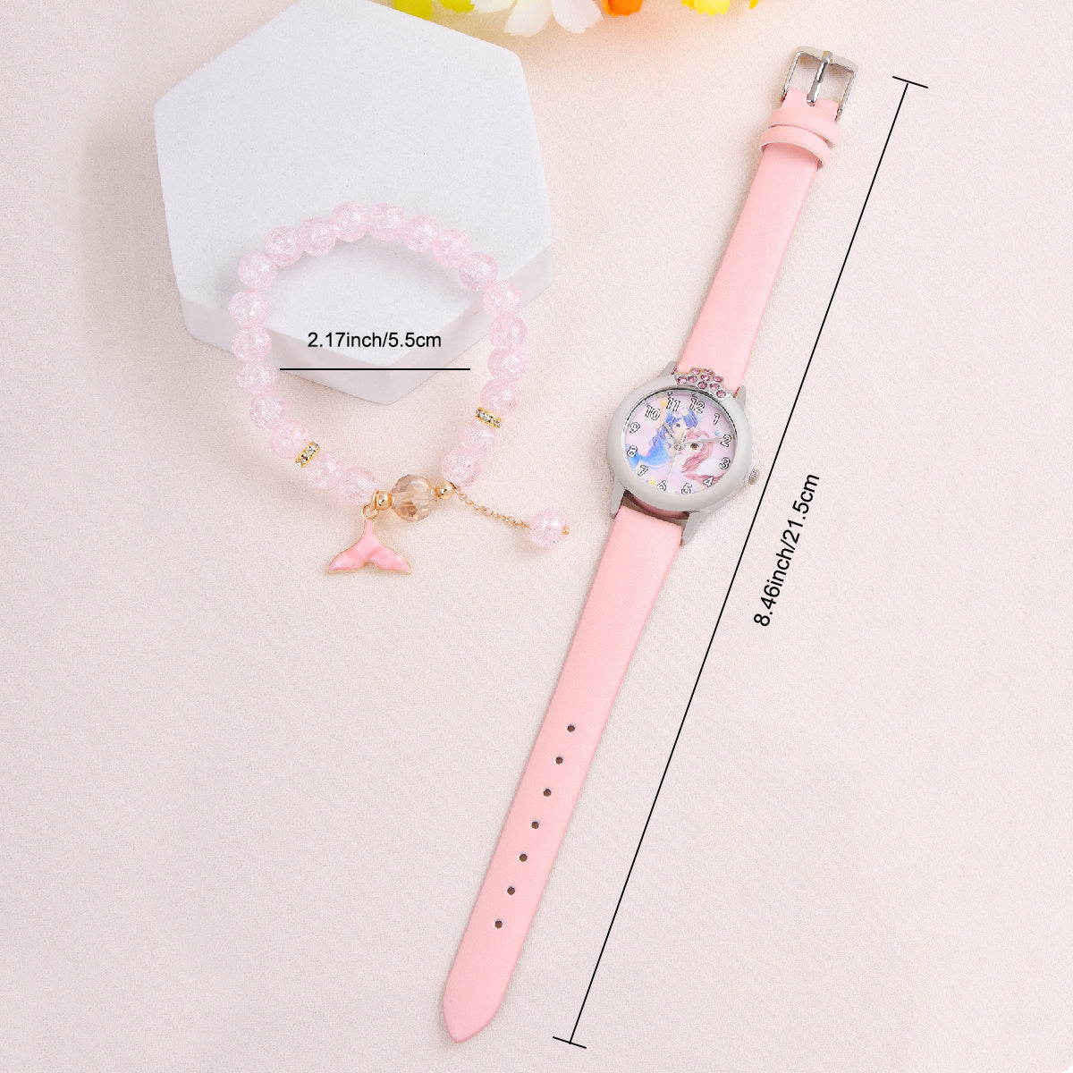 2pcs Mermaid Princess Quartz Watch Stretch Crystal Beaded Bracelet
