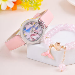 2pcs Mermaid Princess Quartz Watch Stretch Crystal Beaded Bracelet